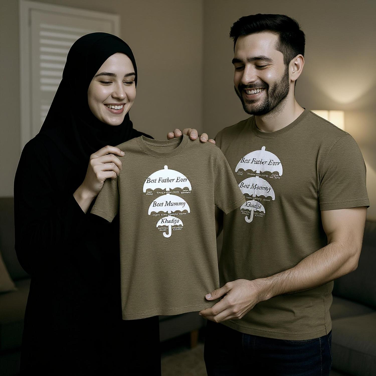 Personalised Islamic Family T-Shirt – Umbrella Design with Custom Names on Premium Cotton