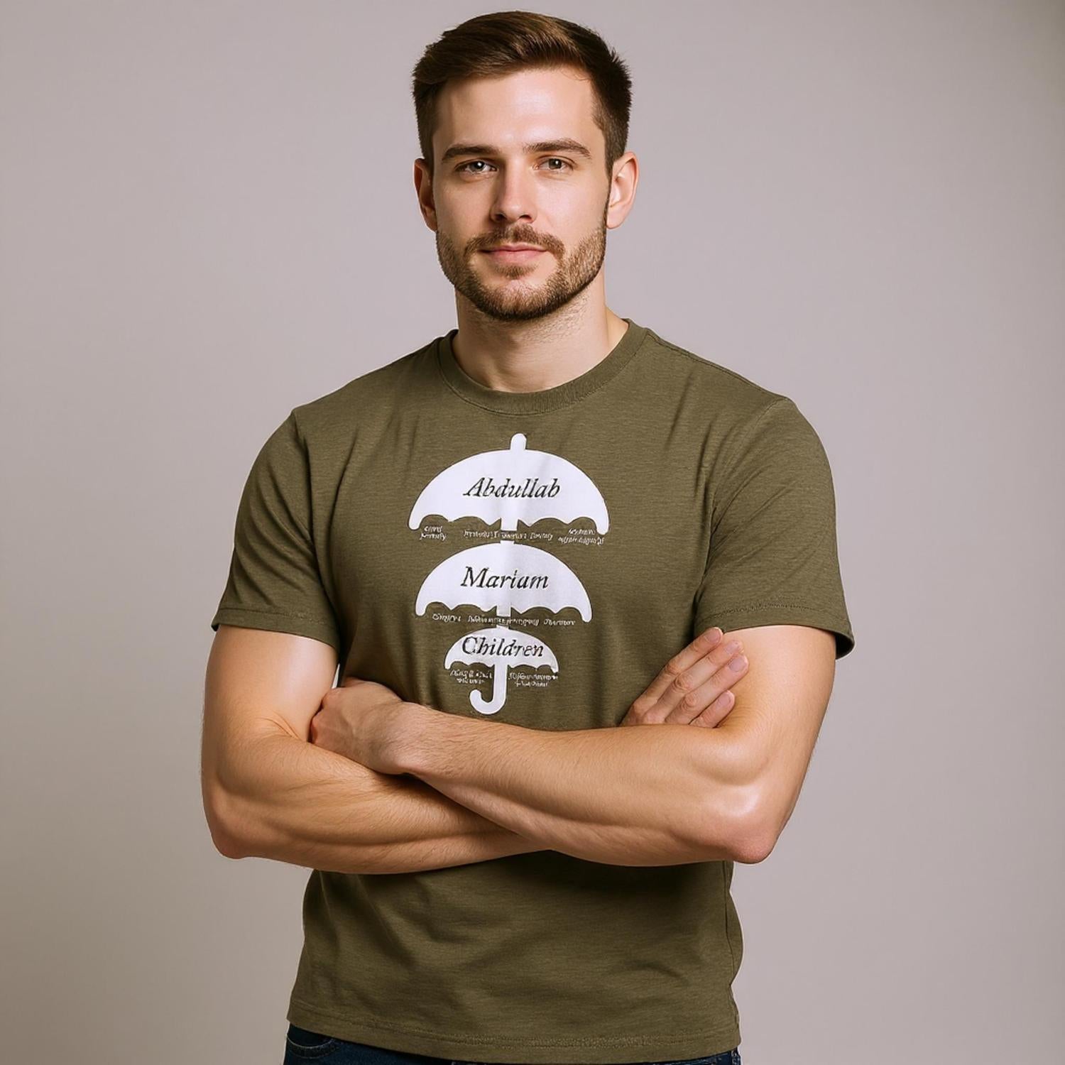 Personalised Islamic Family T-Shirt – Umbrella Design with Custom Names on Premium Cotton