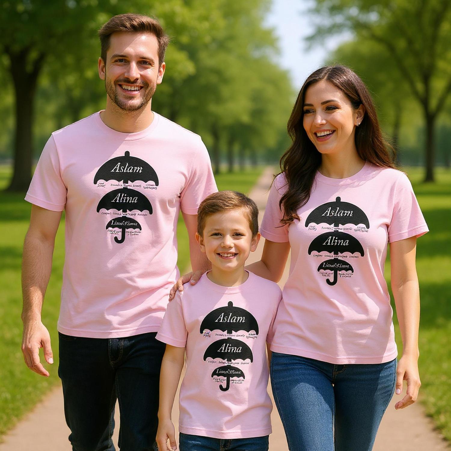 Personalised Islamic Family T-Shirt – Umbrella Design with Custom Names on Premium Cotton
